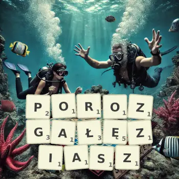 Kreatywna ilustracja do gry w Scrabble ze słowem POROZGAŁĘZIASZ ułożonym z płytek na planszy.