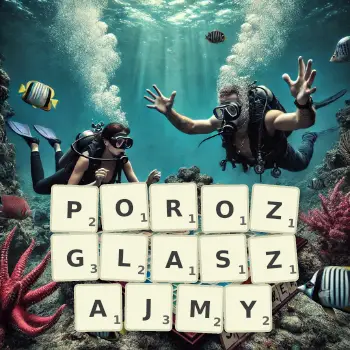 Kreatywna ilustracja do gry w Scrabble ze słowem POROZGLASZAJMY ułożonym z płytek na planszy.