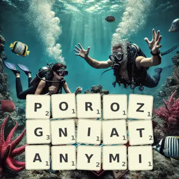 Kreatywna ilustracja do gry w Scrabble ze słowem POROZGNIATANYMI ułożonym z płytek na planszy.