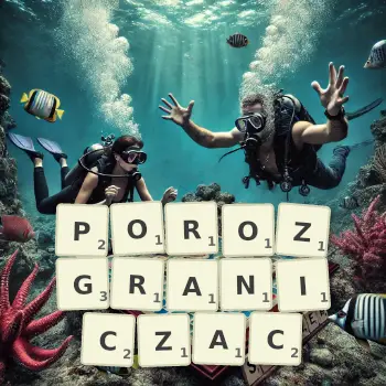Kreatywna ilustracja do gry w Scrabble ze słowem POROZGRANICZAC ułożonym z płytek na planszy.