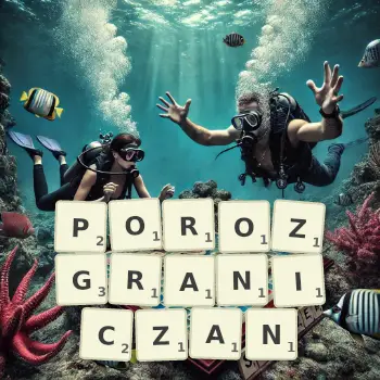 Kreatywna ilustracja do gry w Scrabble ze słowem POROZGRANICZAN ułożonym z płytek na planszy.
