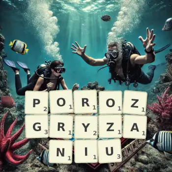 Kreatywna ilustracja do gry w Scrabble ze słowem POROZGRYZANIU ułożonym z płytek na planszy.