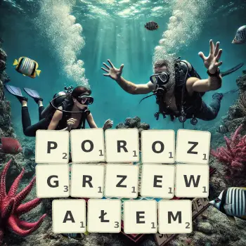 Kreatywna ilustracja do gry w Scrabble ze słowem POROZGRZEWAŁEM ułożonym z płytek na planszy.