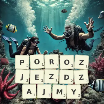 Kreatywna ilustracja do gry w Scrabble ze słowem POROZJEZDZAJMY ułożonym z płytek na planszy.