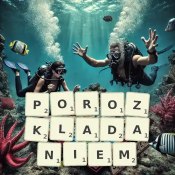 Kreatywna ilustracja do gry w Scrabble ze słowem POROZKLADANIEM ułożonym z płytek na planszy.