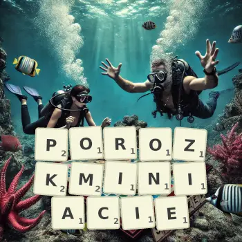 Kreatywna ilustracja do gry w Scrabble ze słowem POROZKMINIACIE ułożonym z płytek na planszy.