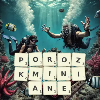 Kreatywna ilustracja do gry w Scrabble ze słowem POROZKMINIANE ułożonym z płytek na planszy.