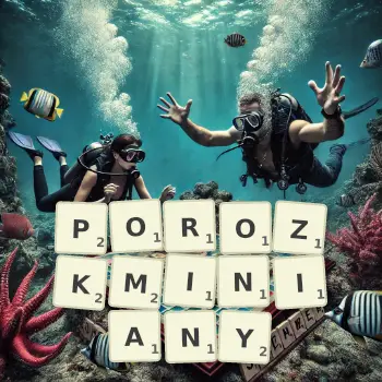 Kreatywna ilustracja do gry w Scrabble ze słowem POROZKMINIANY ułożonym z płytek na planszy.