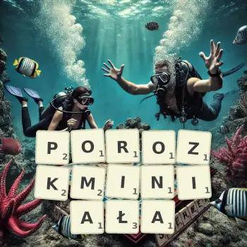 Kreatywna ilustracja do gry w Scrabble ze słowem POROZKMINIAŁA ułożonym z płytek na planszy.