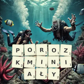 Kreatywna ilustracja do gry w Scrabble ze słowem POROZKMINIAŁY ułożonym z płytek na planszy.