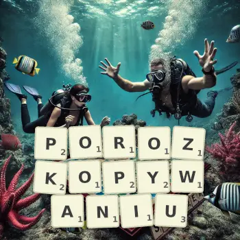 Kreatywna ilustracja do gry w Scrabble ze słowem POROZKOPYWANIU ułożonym z płytek na planszy.