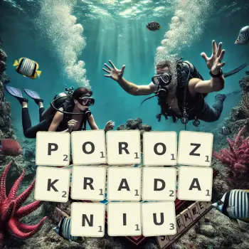 Kreatywna ilustracja do gry w Scrabble ze słowem POROZKRADANIU ułożonym z płytek na planszy.