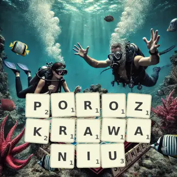 Kreatywna ilustracja do gry w Scrabble ze słowem POROZKRAWANIU ułożonym z płytek na planszy.