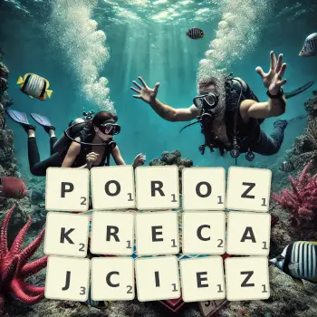 Kreatywna ilustracja do gry w Scrabble ze słowem POROZKRECAJCIEZ ułożonym z płytek na planszy.