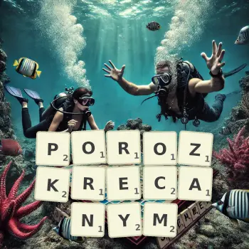 Kreatywna ilustracja do gry w Scrabble ze słowem POROZKRECANYM ułożonym z płytek na planszy.