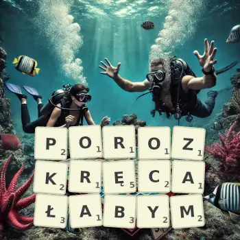 Kreatywna ilustracja do gry w Scrabble ze słowem POROZKRĘCAŁABYM ułożonym z płytek na planszy.