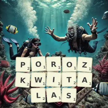 Kreatywna ilustracja do gry w Scrabble ze słowem POROZKWITALAS ułożonym z płytek na planszy.