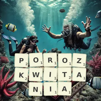 Kreatywna ilustracja do gry w Scrabble ze słowem POROZKWITANIA ułożonym z płytek na planszy.