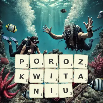 Kreatywna ilustracja do gry w Scrabble ze słowem POROZKWITANIU ułożonym z płytek na planszy.