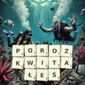 Kreatywna ilustracja do gry w Scrabble ze słowem POROZKWITAŁEŚ ułożonym z płytek na planszy.