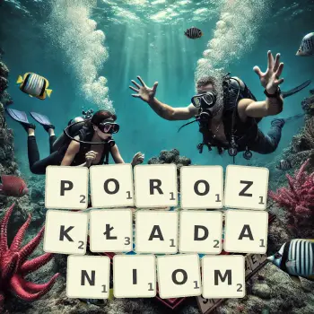 Kreatywna ilustracja do gry w Scrabble ze słowem POROZKŁADANIOM ułożonym z płytek na planszy.