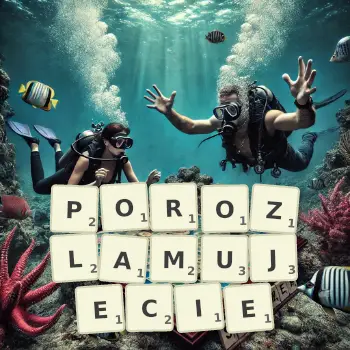 Kreatywna ilustracja do gry w Scrabble ze słowem POROZLAMUJECIE ułożonym z płytek na planszy.