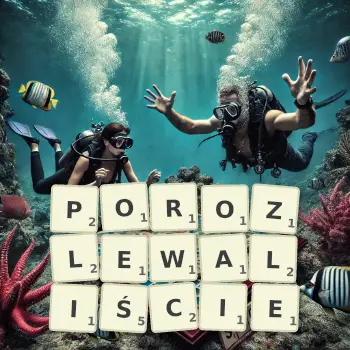 Kreatywna ilustracja do gry w Scrabble ze słowem POROZLEWALIŚCIE ułożonym z płytek na planszy.