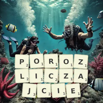 Kreatywna ilustracja do gry w Scrabble ze słowem POROZLICZAJCIE ułożonym z płytek na planszy.