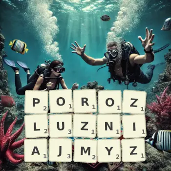 Kreatywna ilustracja do gry w Scrabble ze słowem POROZLUZNIAJMYZ ułożonym z płytek na planszy.