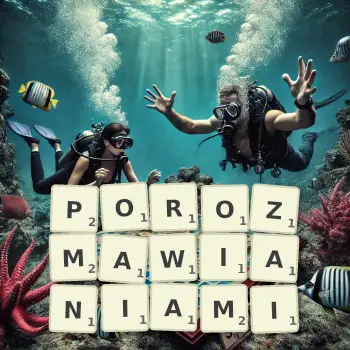 Kreatywna ilustracja do gry w Scrabble ze słowem POROZMAWIANIAMI ułożonym z płytek na planszy.