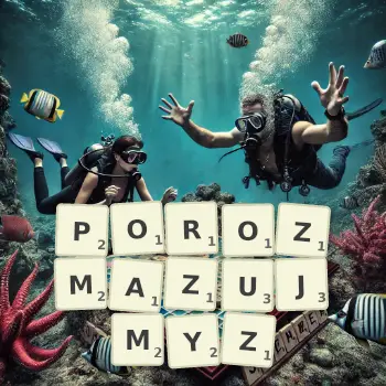 Kreatywna ilustracja do gry w Scrabble ze słowem POROZMAZUJMYZ ułożonym z płytek na planszy.