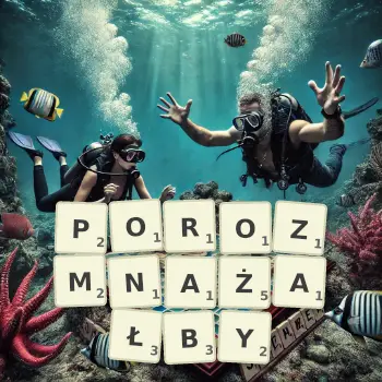 Kreatywna ilustracja do gry w Scrabble ze słowem POROZMNAŻAŁBY ułożonym z płytek na planszy.