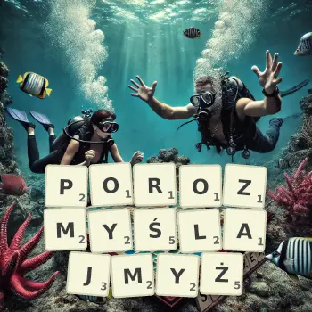 Kreatywna ilustracja do gry w Scrabble ze słowem POROZMYŚLAJMYŻ ułożonym z płytek na planszy.