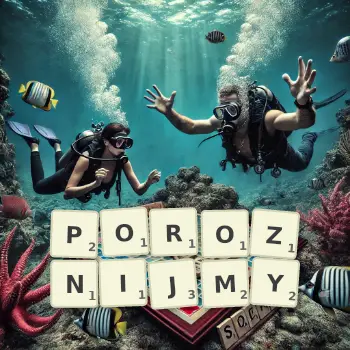 Kreatywna ilustracja do gry w Scrabble ze słowem POROZNIJMY ułożonym z płytek na planszy.