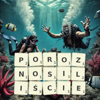 Kreatywna ilustracja do gry w Scrabble ze słowem POROZNOSILIŚCIE ułożonym z płytek na planszy.