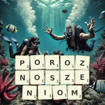 Kreatywna ilustracja do gry w Scrabble ze słowem POROZNOSZENIOM ułożonym z płytek na planszy.