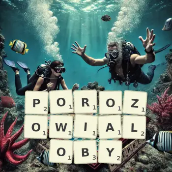 Kreatywna ilustracja do gry w Scrabble ze słowem POROZOWIALOBY ułożonym z płytek na planszy.