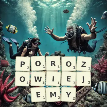 Kreatywna ilustracja do gry w Scrabble ze słowem POROZOWIEJEMY ułożonym z płytek na planszy.