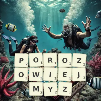 Kreatywna ilustracja do gry w Scrabble ze słowem POROZOWIEJMYZ ułożonym z płytek na planszy.