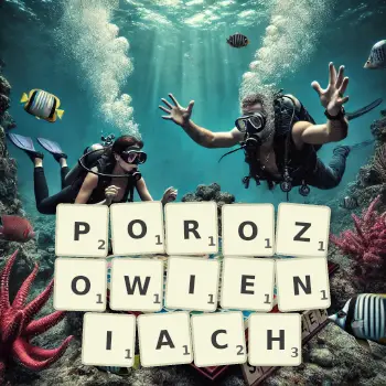 Kreatywna ilustracja do gry w Scrabble ze słowem POROZOWIENIACH ułożonym z płytek na planszy.