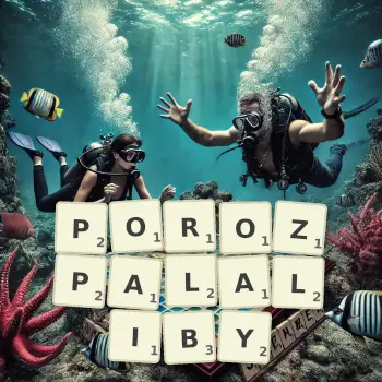Kreatywna ilustracja do gry w Scrabble ze słowem POROZPALALIBY ułożonym z płytek na planszy.