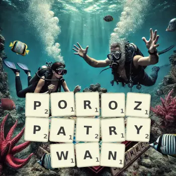 Kreatywna ilustracja do gry w Scrabble ze słowem POROZPATRYWAN ułożonym z płytek na planszy.