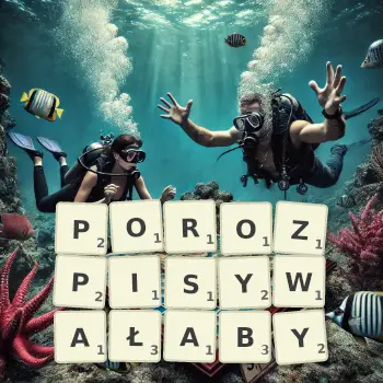 Kreatywna ilustracja do gry w Scrabble ze słowem POROZPISYWAŁABY ułożonym z płytek na planszy.