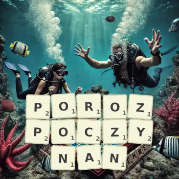 Kreatywna ilustracja do gry w Scrabble ze słowem POROZPOCZYNAN ułożonym z płytek na planszy.