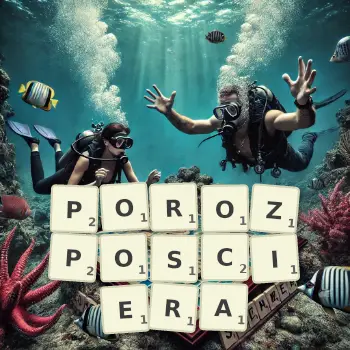 Kreatywna ilustracja do gry w Scrabble ze słowem POROZPOSCIERA ułożonym z płytek na planszy.
