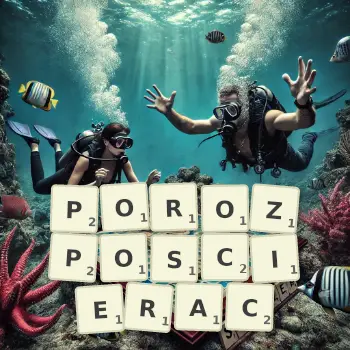 Kreatywna ilustracja do gry w Scrabble ze słowem POROZPOSCIERAC ułożonym z płytek na planszy.