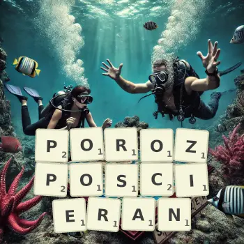 Kreatywna ilustracja do gry w Scrabble ze słowem POROZPOSCIERAN ułożonym z płytek na planszy.