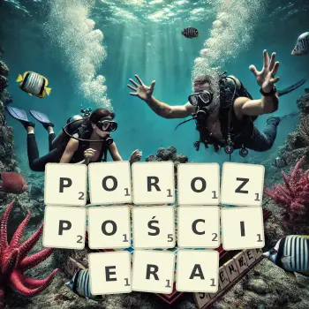 Kreatywna ilustracja do gry w Scrabble ze słowem POROZPOŚCIERA ułożonym z płytek na planszy.
