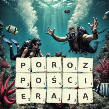 Kreatywna ilustracja do gry w Scrabble ze słowem POROZPOŚCIERAJĄ ułożonym z płytek na planszy.