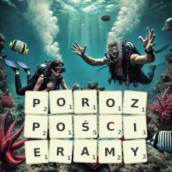 Kreatywna ilustracja do gry w Scrabble ze słowem POROZPOŚCIERAMY ułożonym z płytek na planszy.